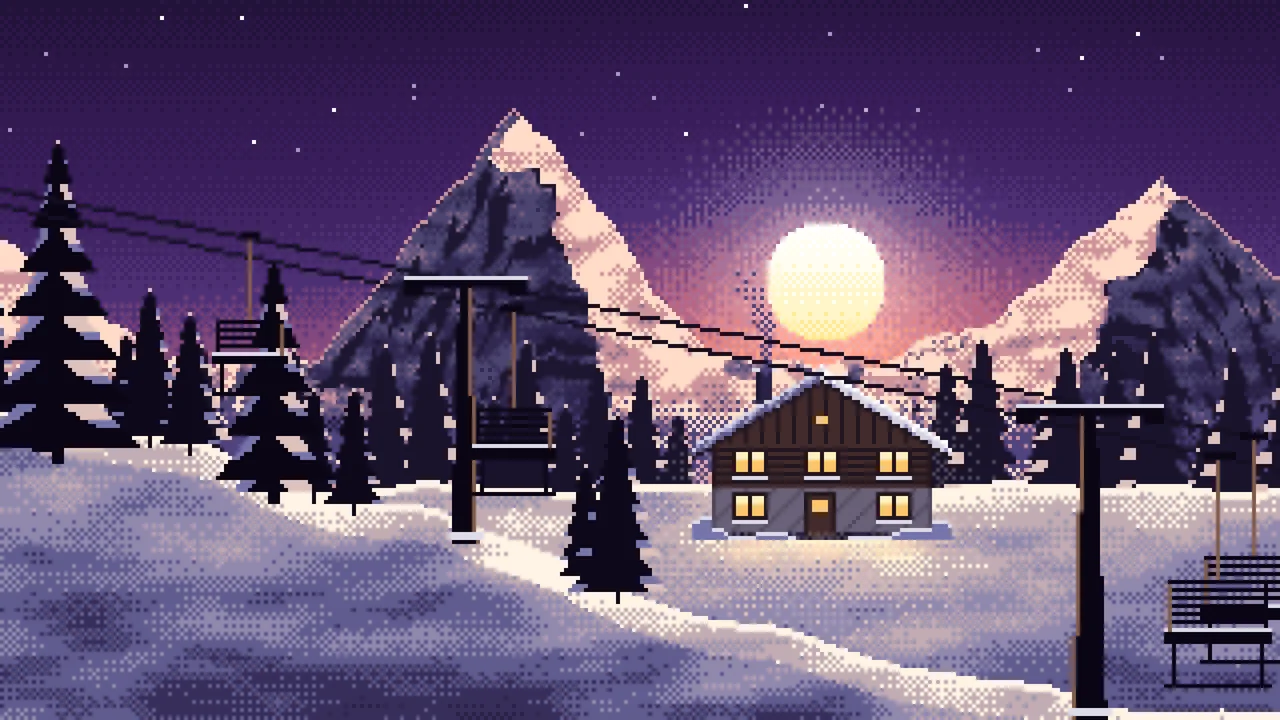 Dark Purple Pixel Art Ski Lift at Sunset desktop wallpaper in 4K