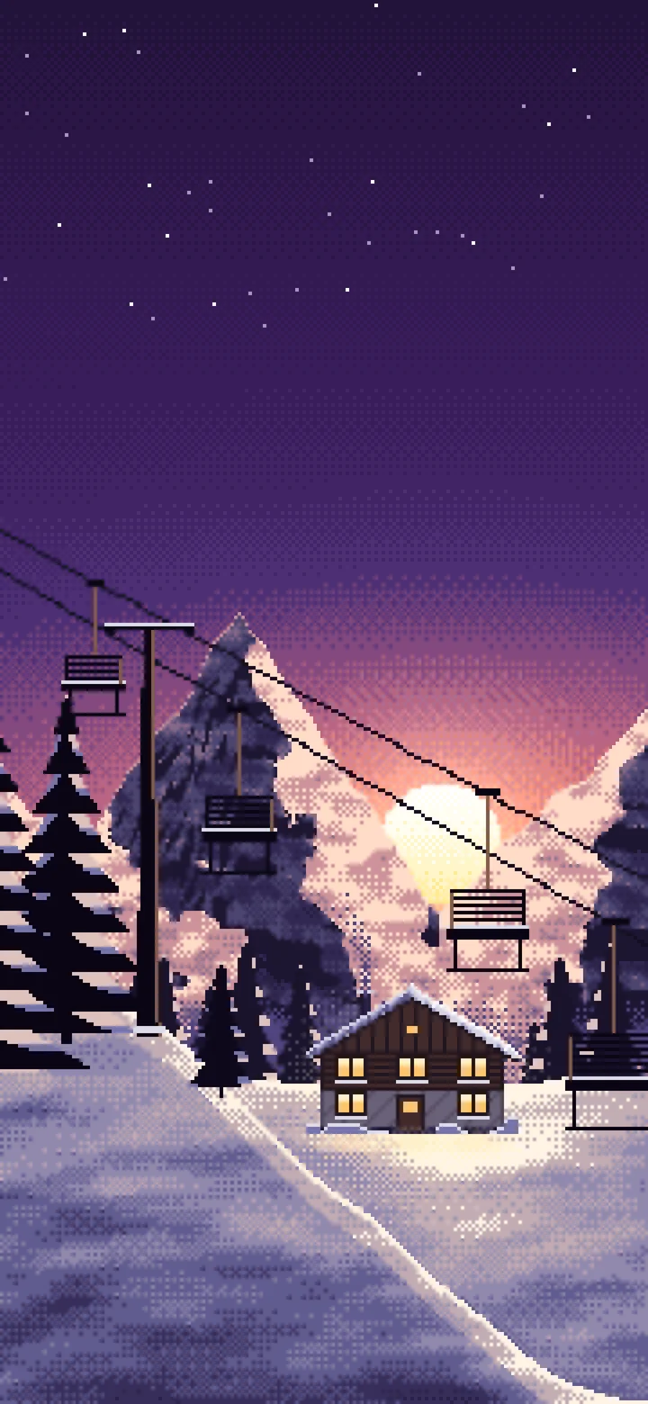 Dark Purple Pixel Art Ski Lift at Sunset wallpaper for iPhone and Android