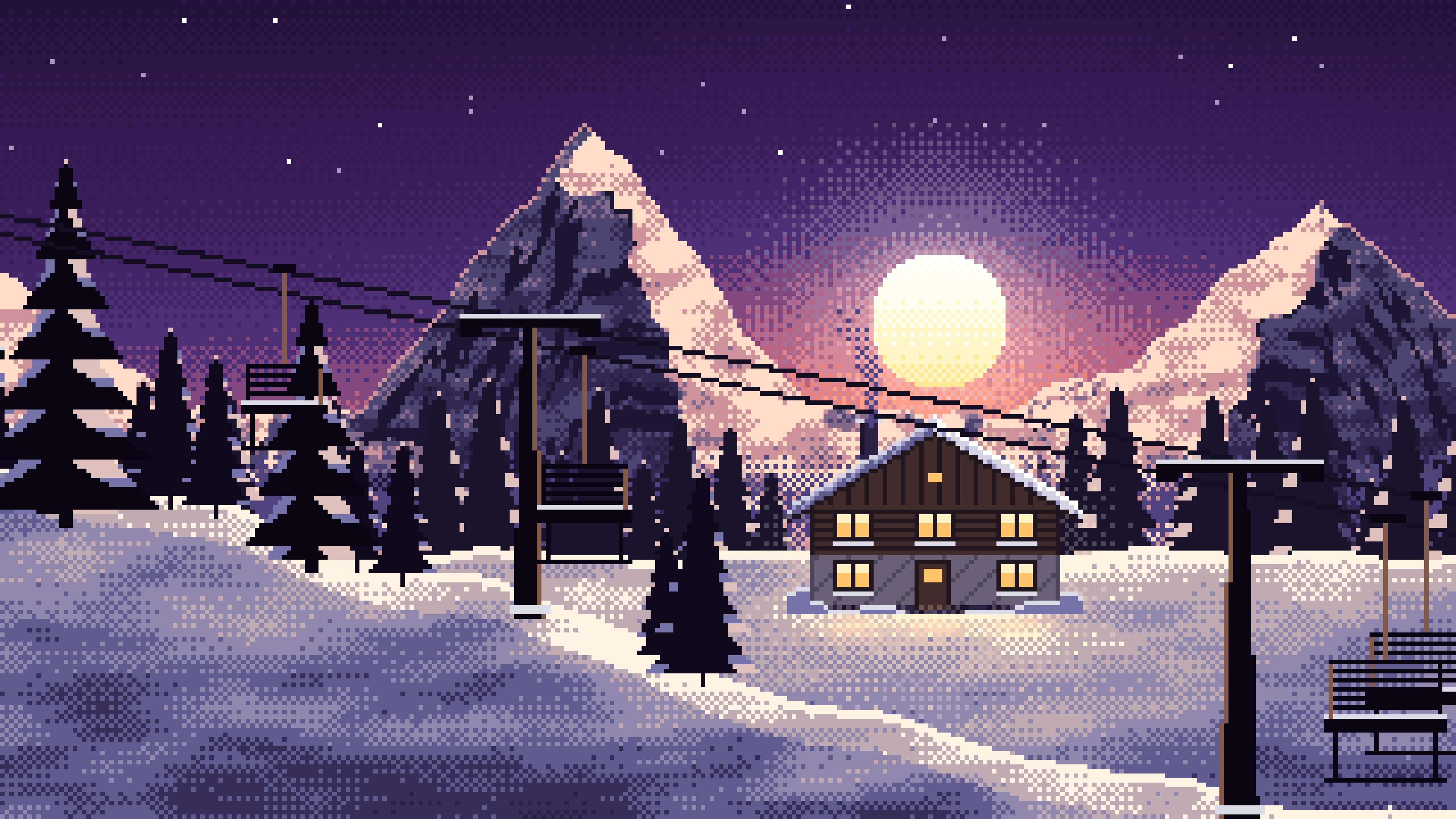 Dark Purple Pixel Art Ski Lift at Sunset desktop wallpaper in 4K