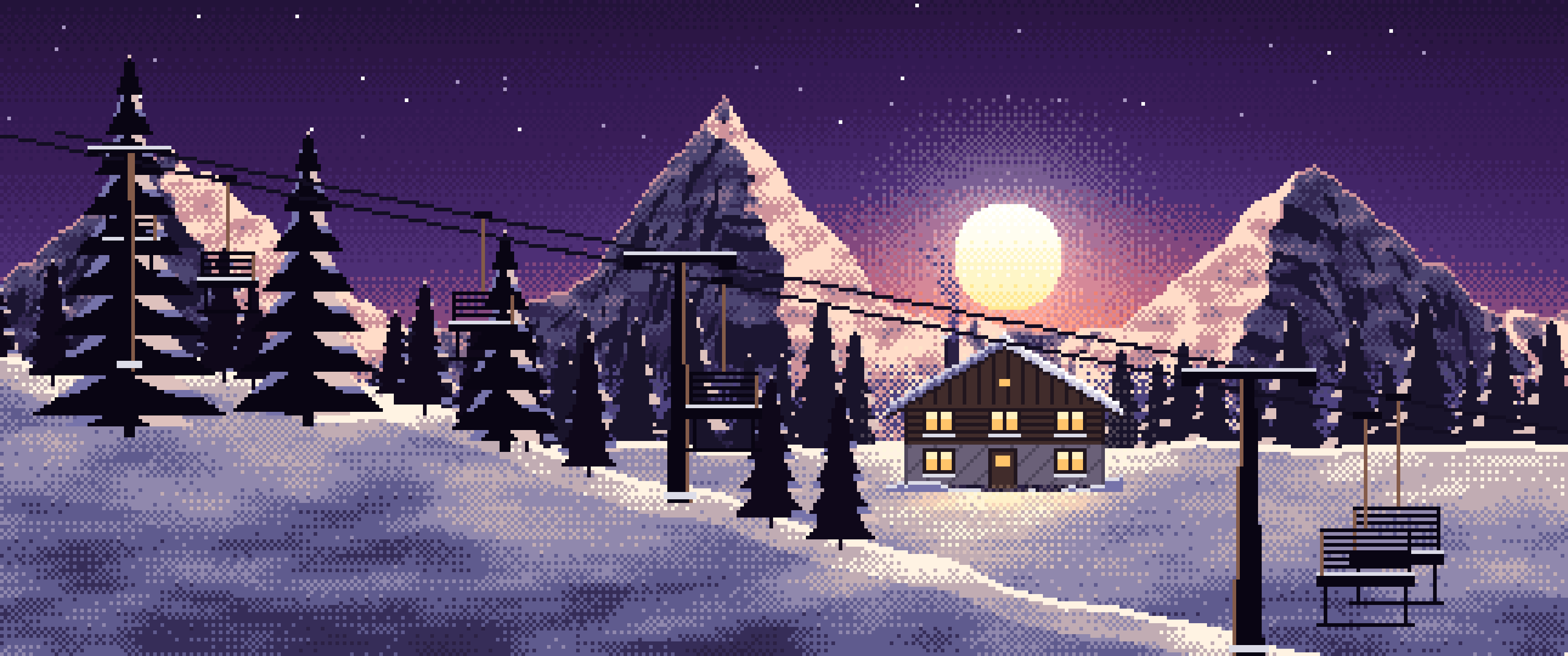 Dark Purple Pixel Art Ski Lift at Sunset ultrawide wallpaper, 3440 × 1440
