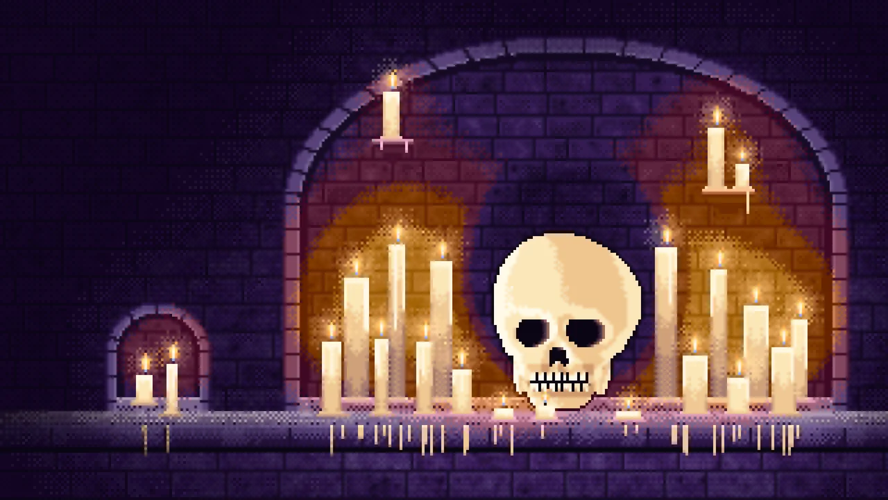 Dark Purple Pixel Art Skull Among Candles in a Crypt desktop wallpaper in 4K