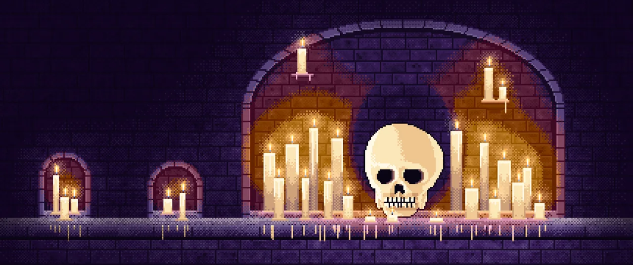 Dark Purple Pixel Art Skull Among Candles in a Crypt ultrawide wallpaper, 3440 × 1440