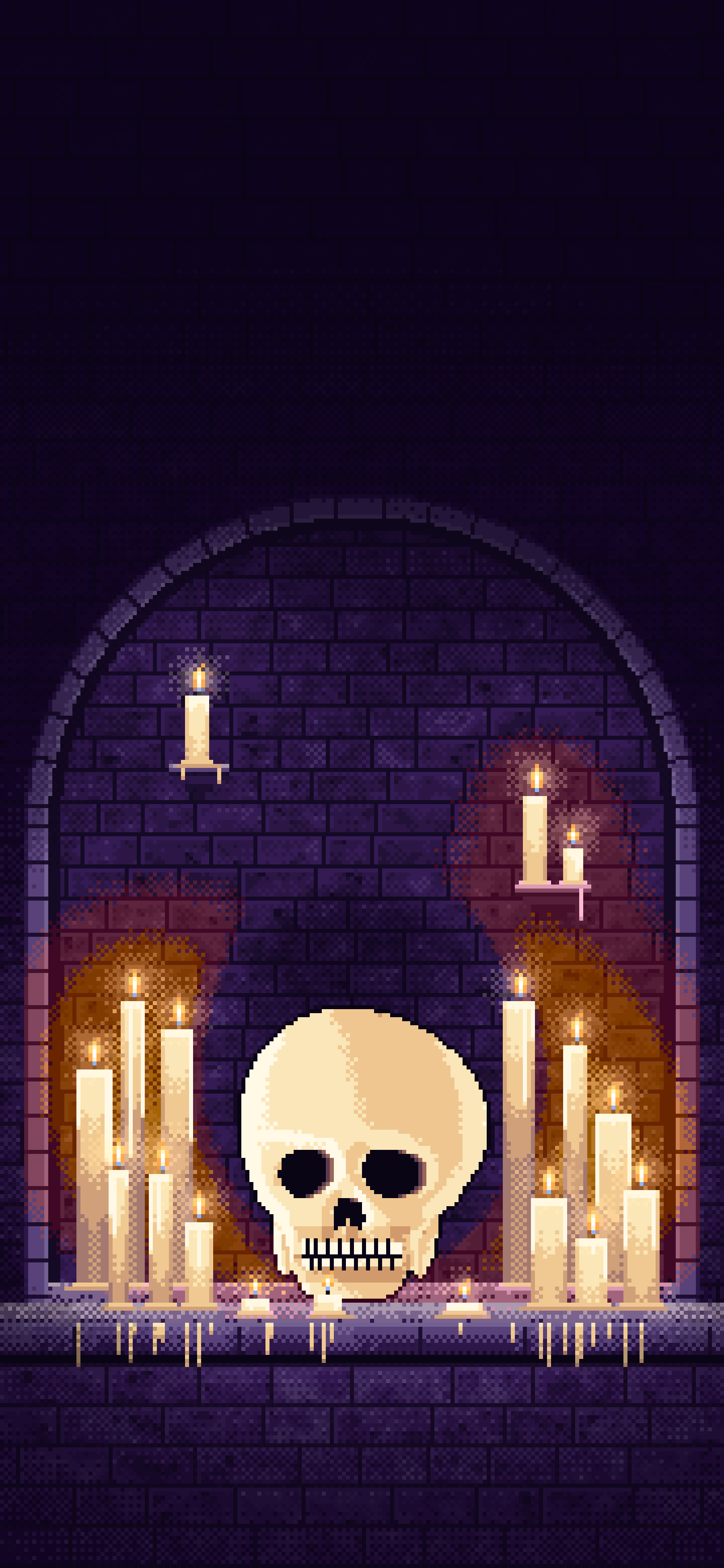 Dark Purple Pixel Art Skull Among Candles in a Crypt wallpaper for iPhone and Android