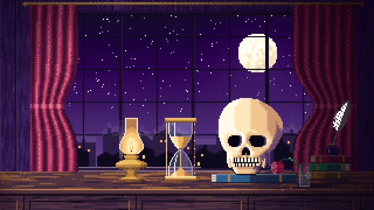 Dark Purple Pixel Art Skull and Hourglass by Lamplight desktop wallpaper in 4K