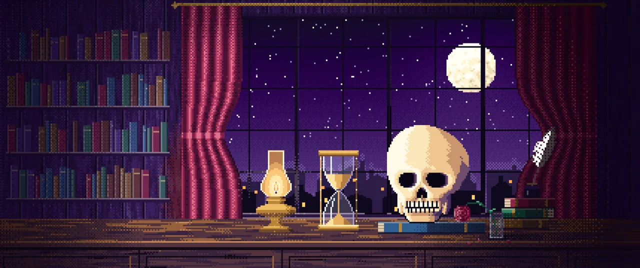 Dark Purple Pixel Art Skull and Hourglass by Lamplight ultrawide wallpaper, 3440 × 1440