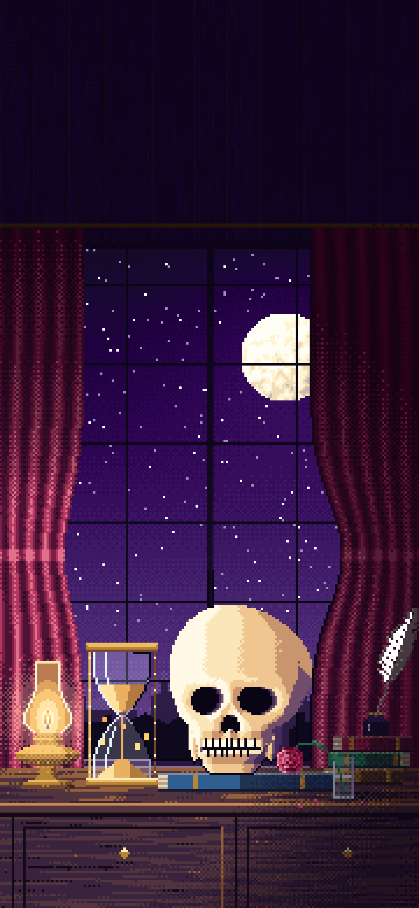 Dark Purple Pixel Art Skull and Hourglass by Lamplight wallpaper for iPhone and Android