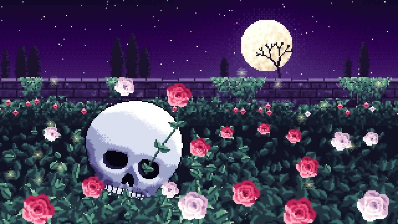 Dark Purple Pixel Art Skull and Roses by Moonlight desktop wallpaper in 4K