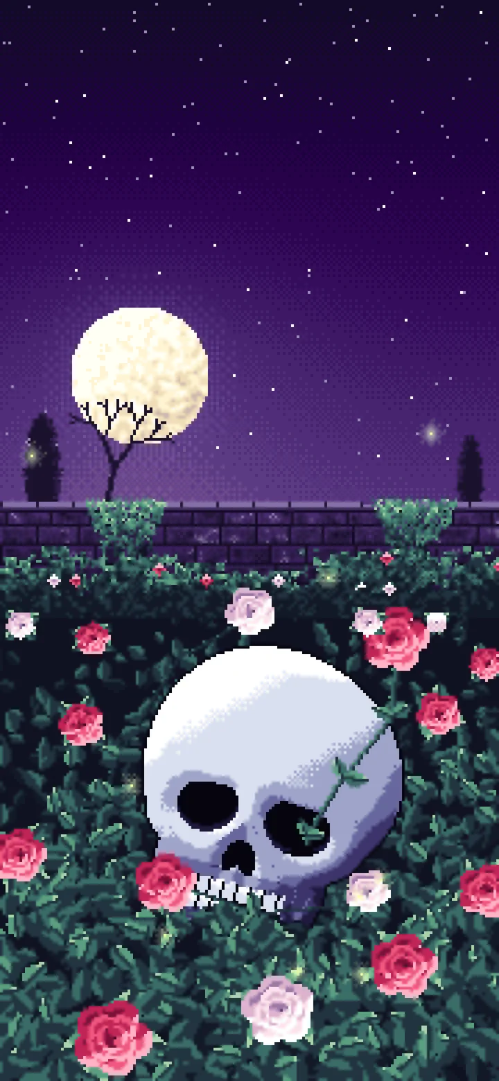 Dark Purple Pixel Art Skull and Roses by Moonlight wallpaper for iPhone and Android