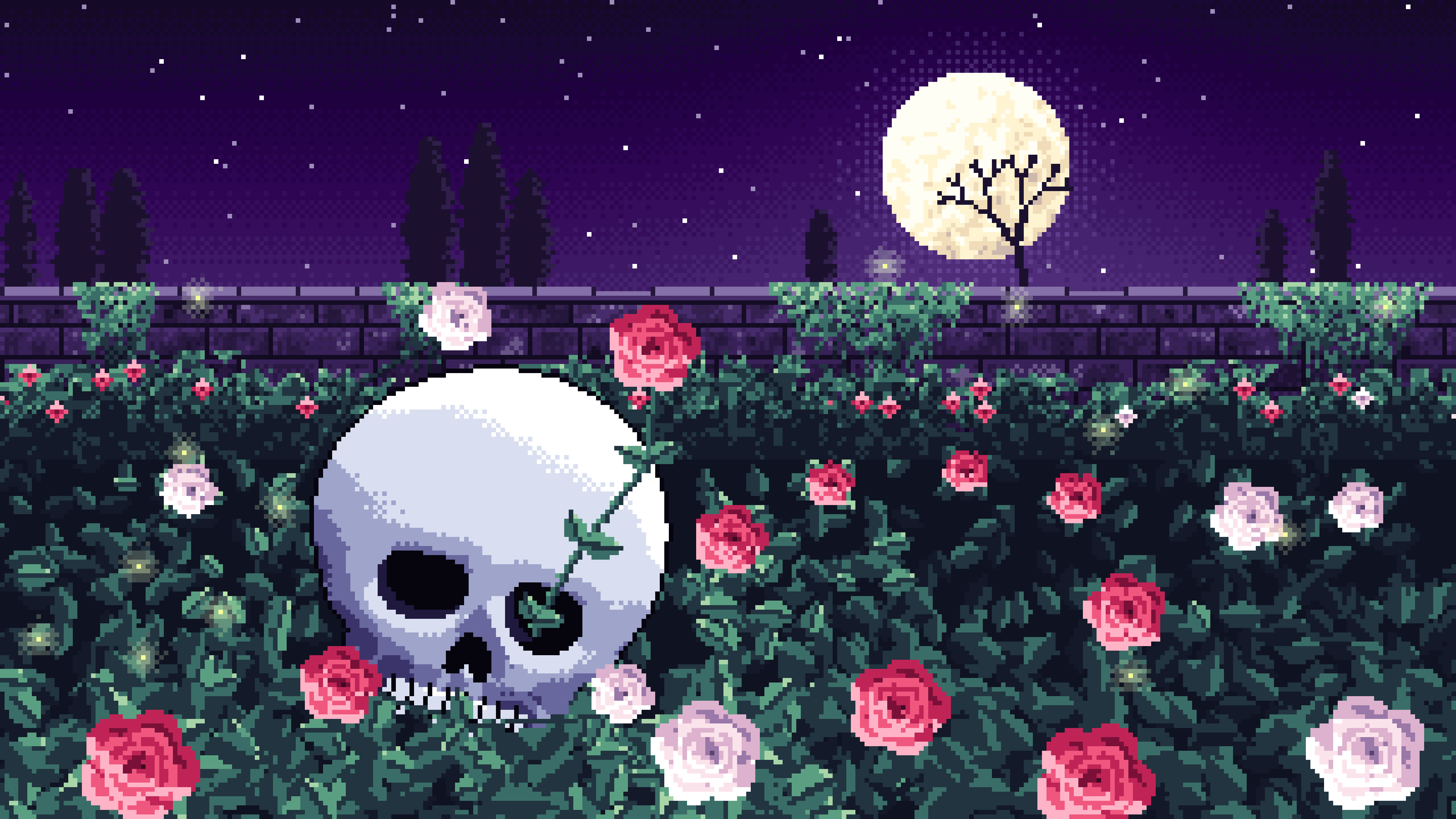Dark Purple Pixel Art Skull and Roses by Moonlight desktop wallpaper in 4K