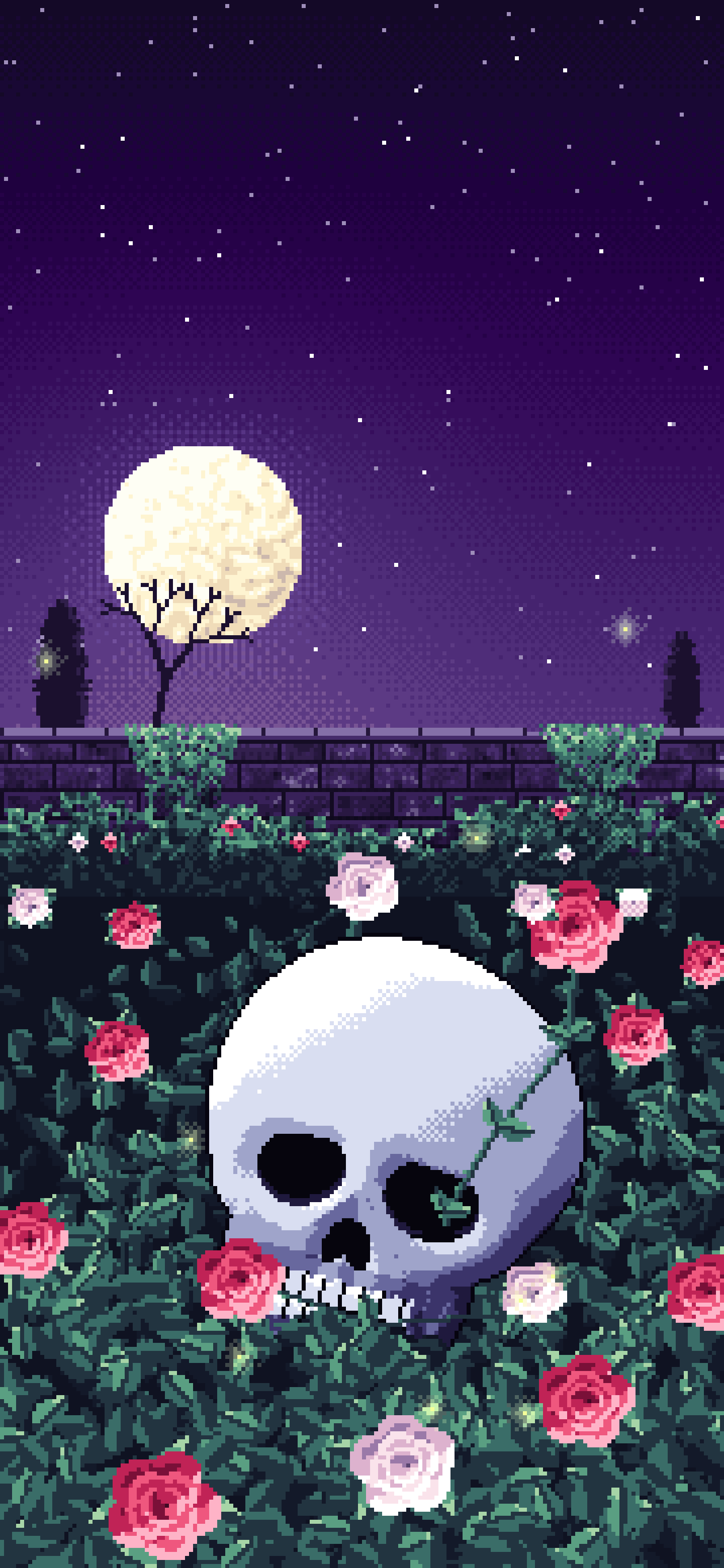 Dark Purple Pixel Art Skull and Roses by Moonlight wallpaper for iPhone and Android