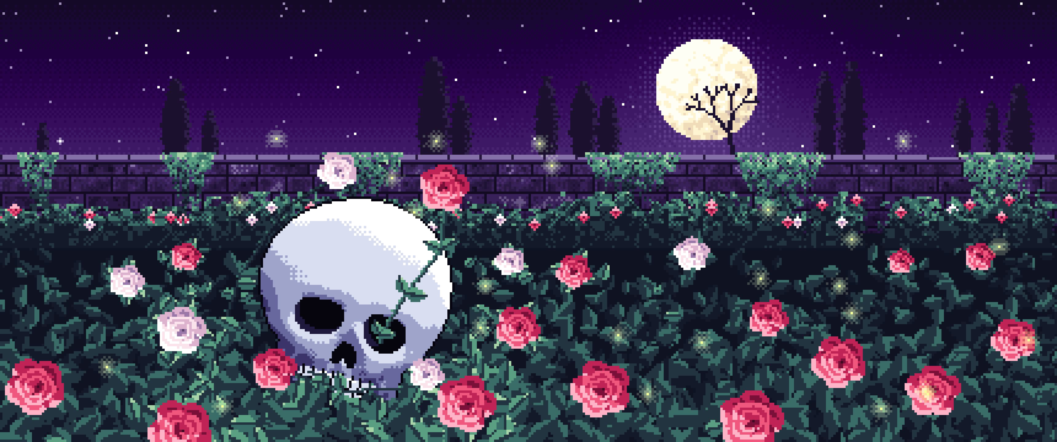Dark Purple Pixel Art Skull and Roses by Moonlight ultrawide wallpaper, 3440 × 1440