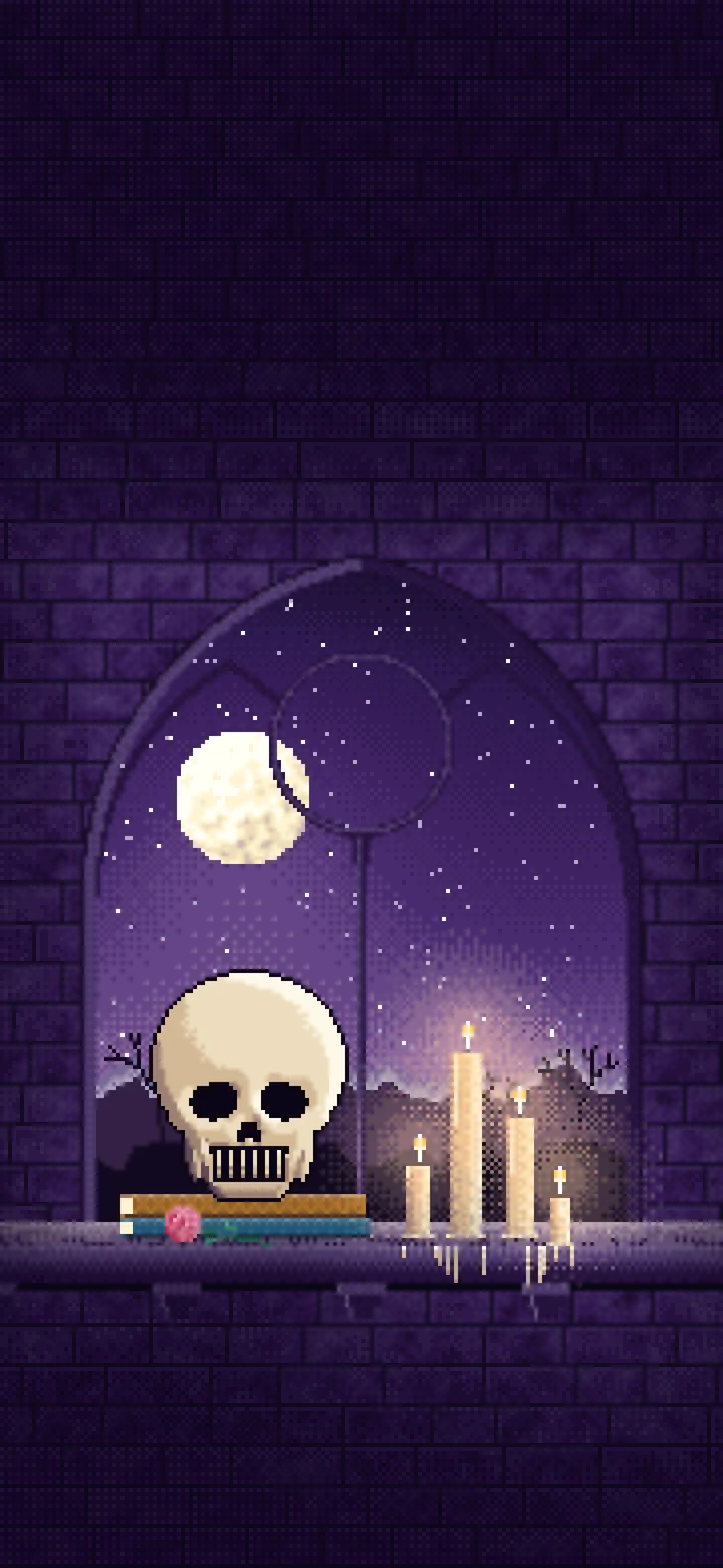 Dark Purple Pixel Art Skull by Candlelight wallpaper for iPhone and Android
