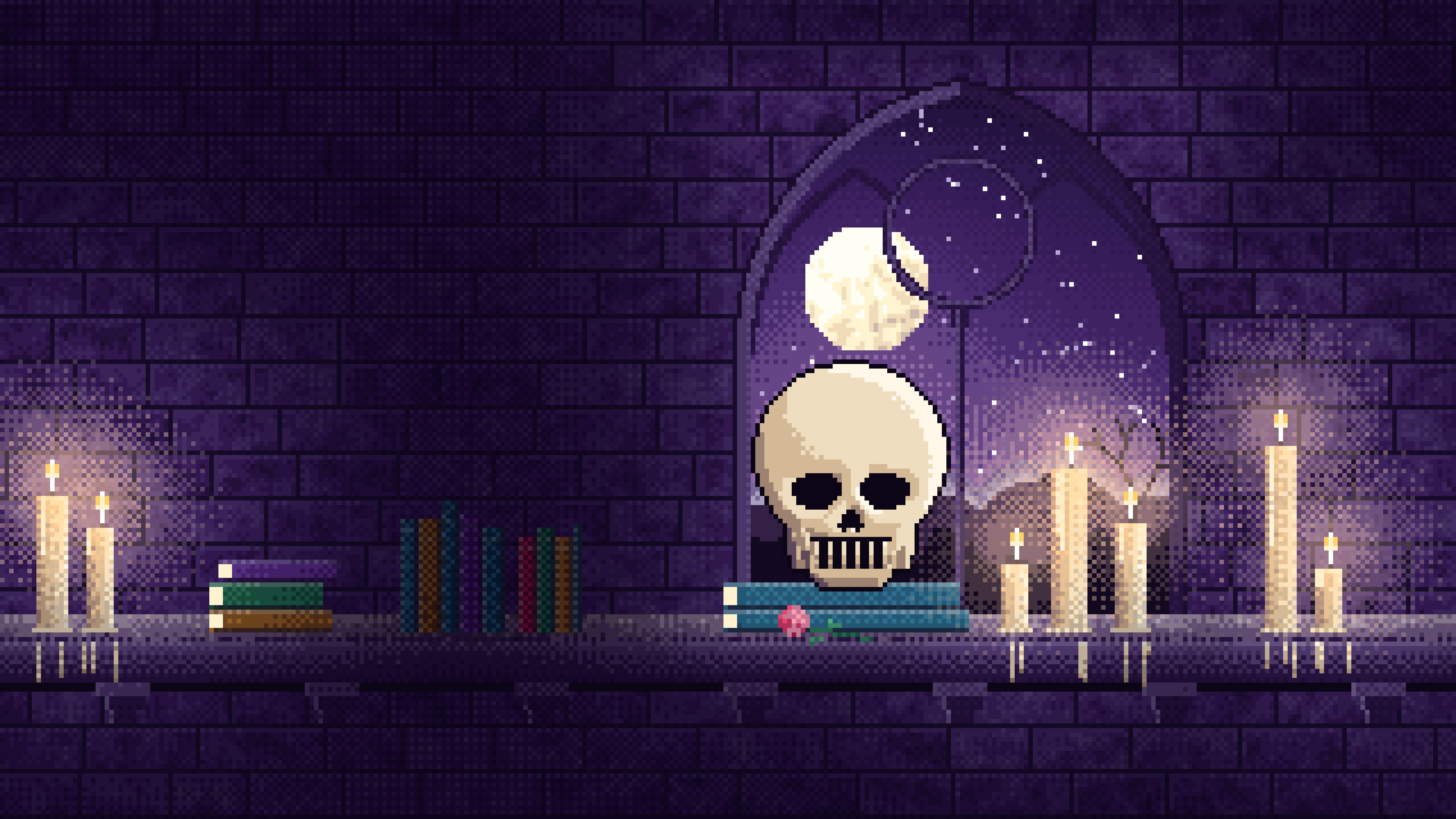 Dark Purple Pixel Art Skull by Candlelight desktop wallpaper in 4K
