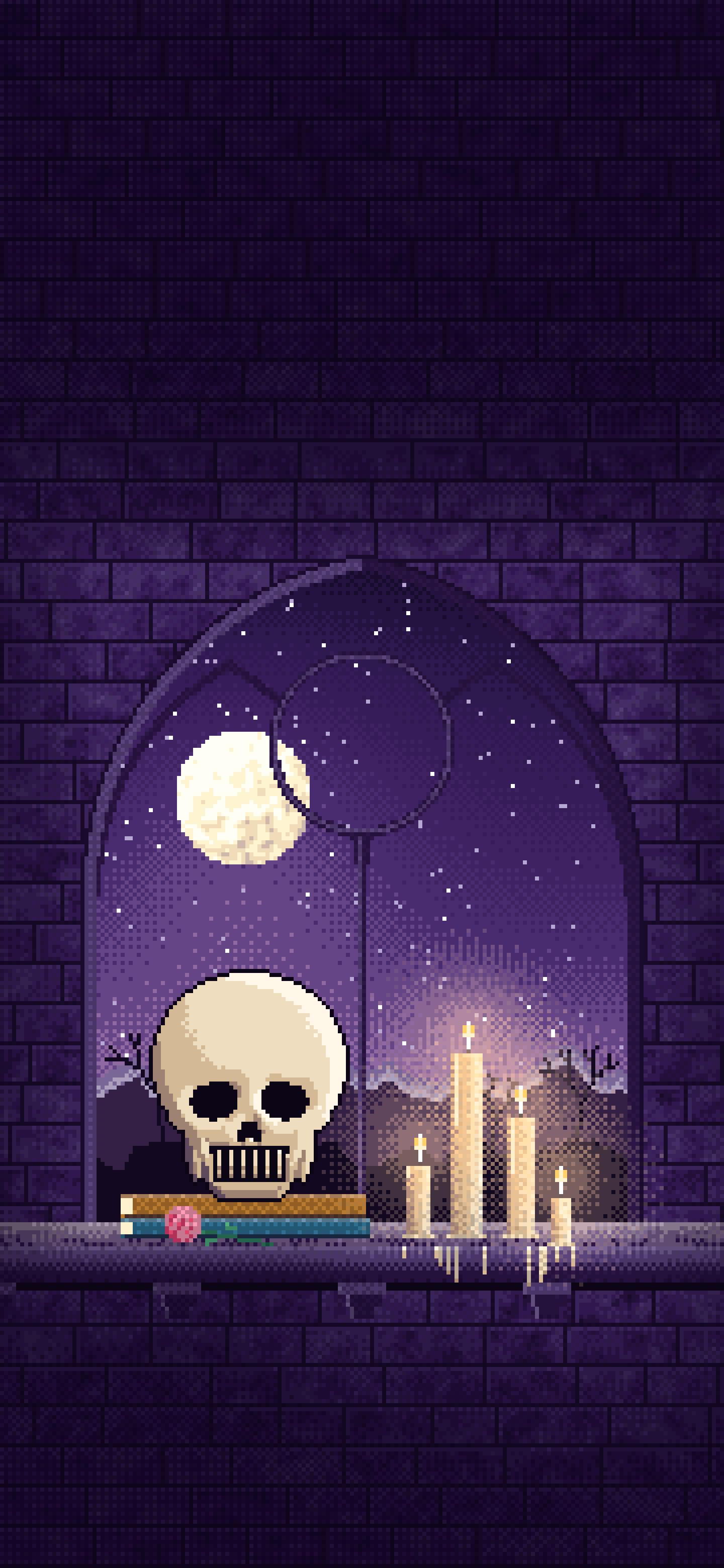 Dark Purple Pixel Art Skull by Candlelight wallpaper for iPhone and Android