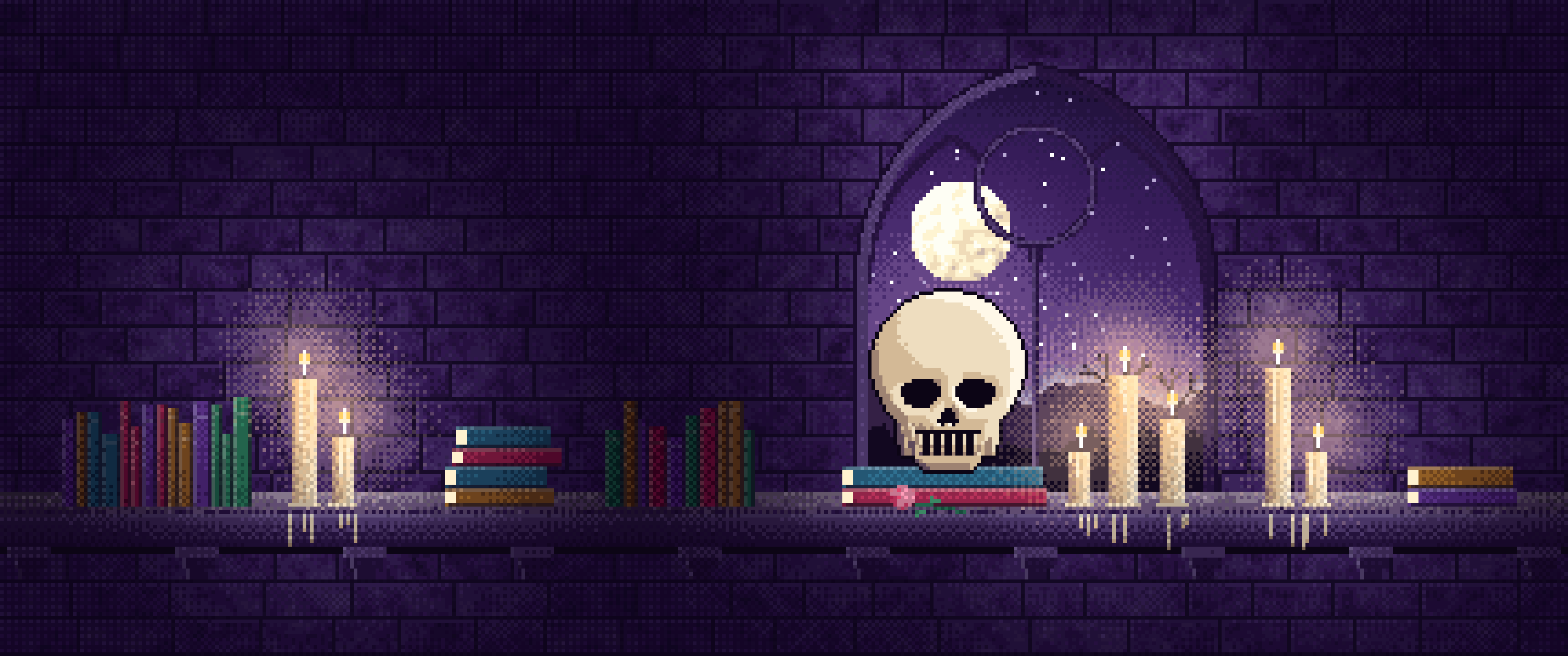 Dark Purple Pixel Art Skull by Candlelight ultrawide wallpaper, 3440 × 1440