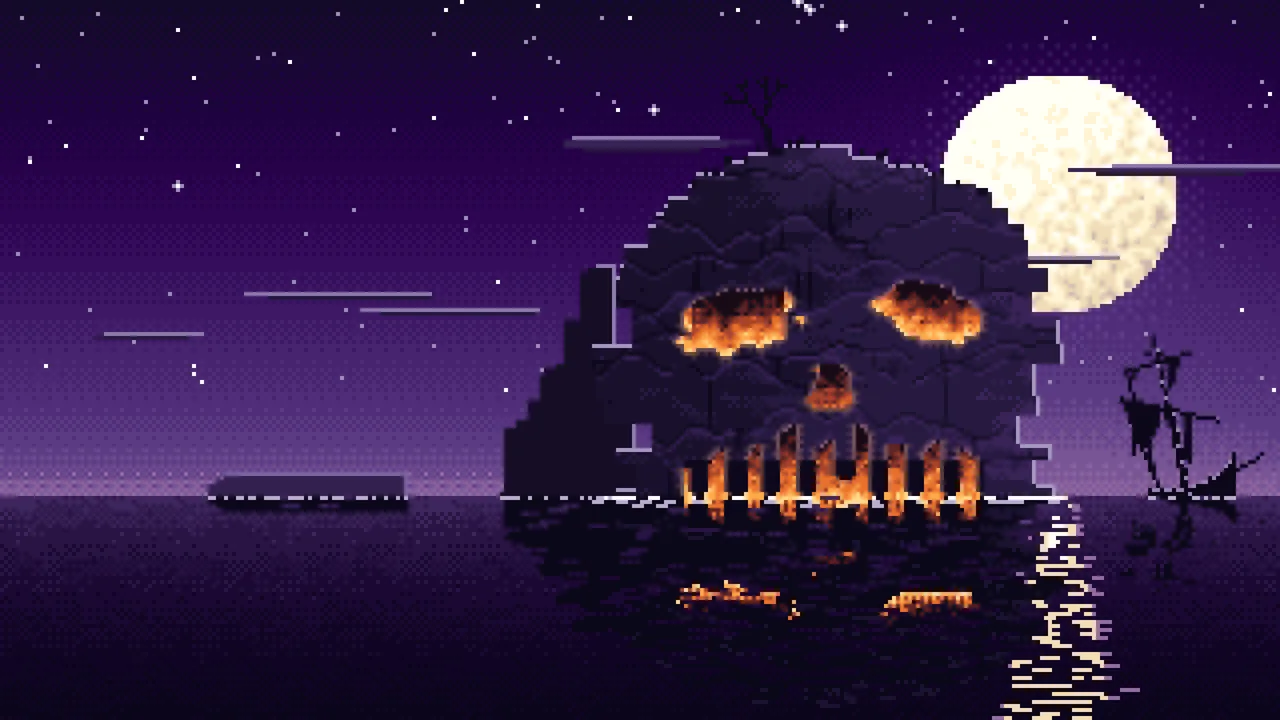 Dark Purple Pixel Art Skull Rock at Night desktop wallpaper in 4K