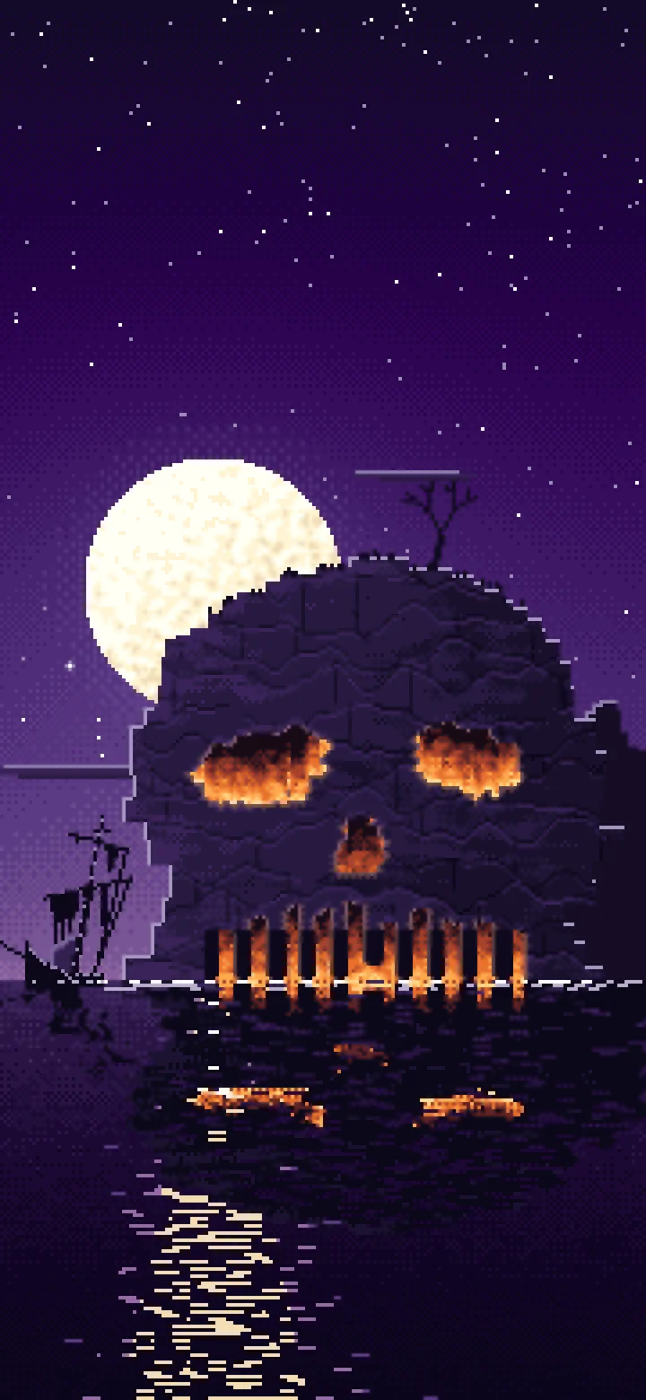 Dark Purple Pixel Art Skull Rock at Night wallpaper for iPhone and Android