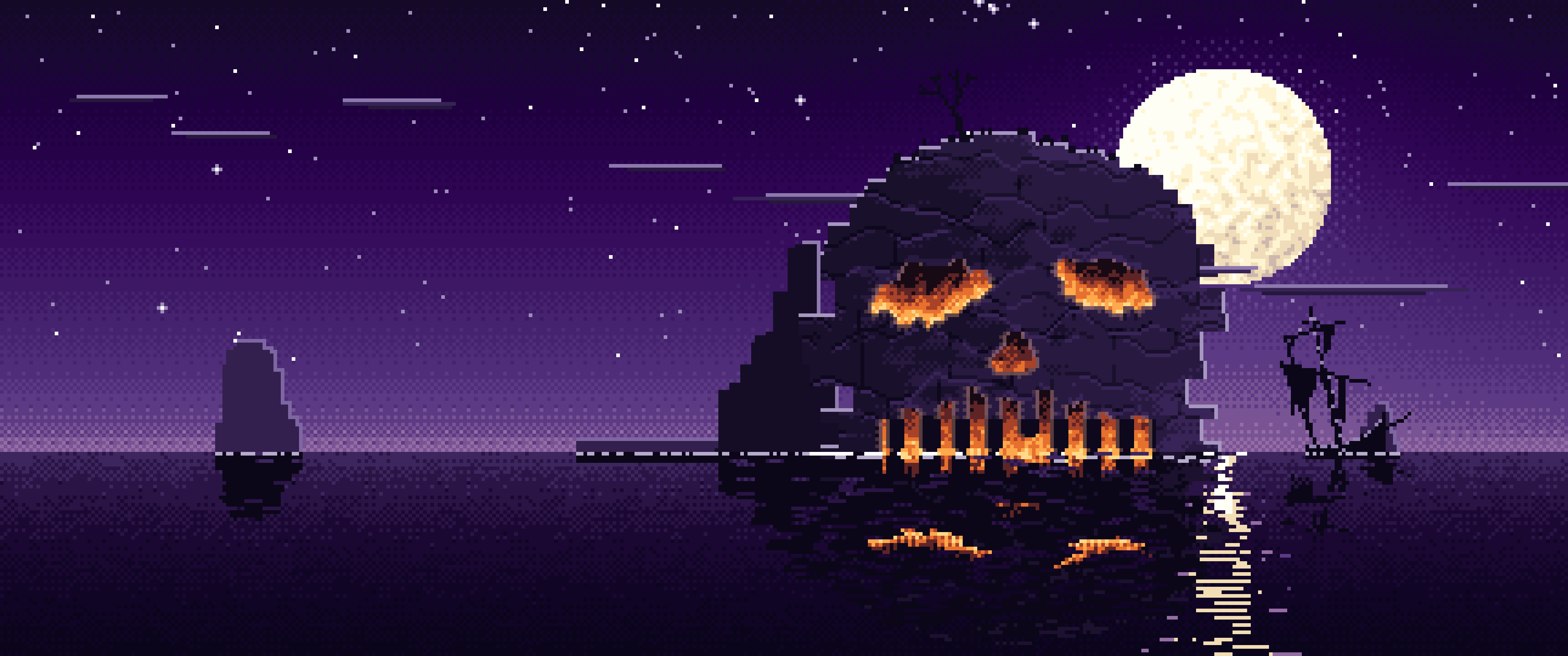 Dark Purple Pixel Art Skull Rock at Night ultrawide wallpaper, 3440 × 1440