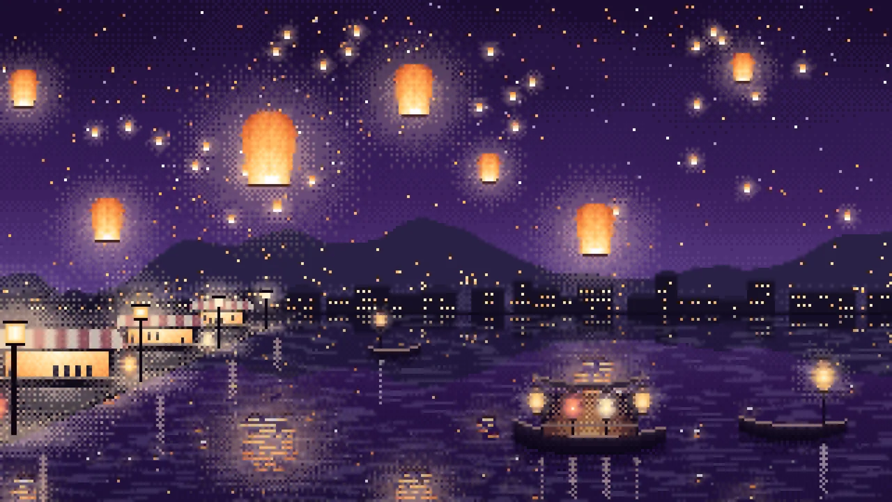 Dark Purple Pixel Art Sky Lanterns Over a River desktop wallpaper in 4K
