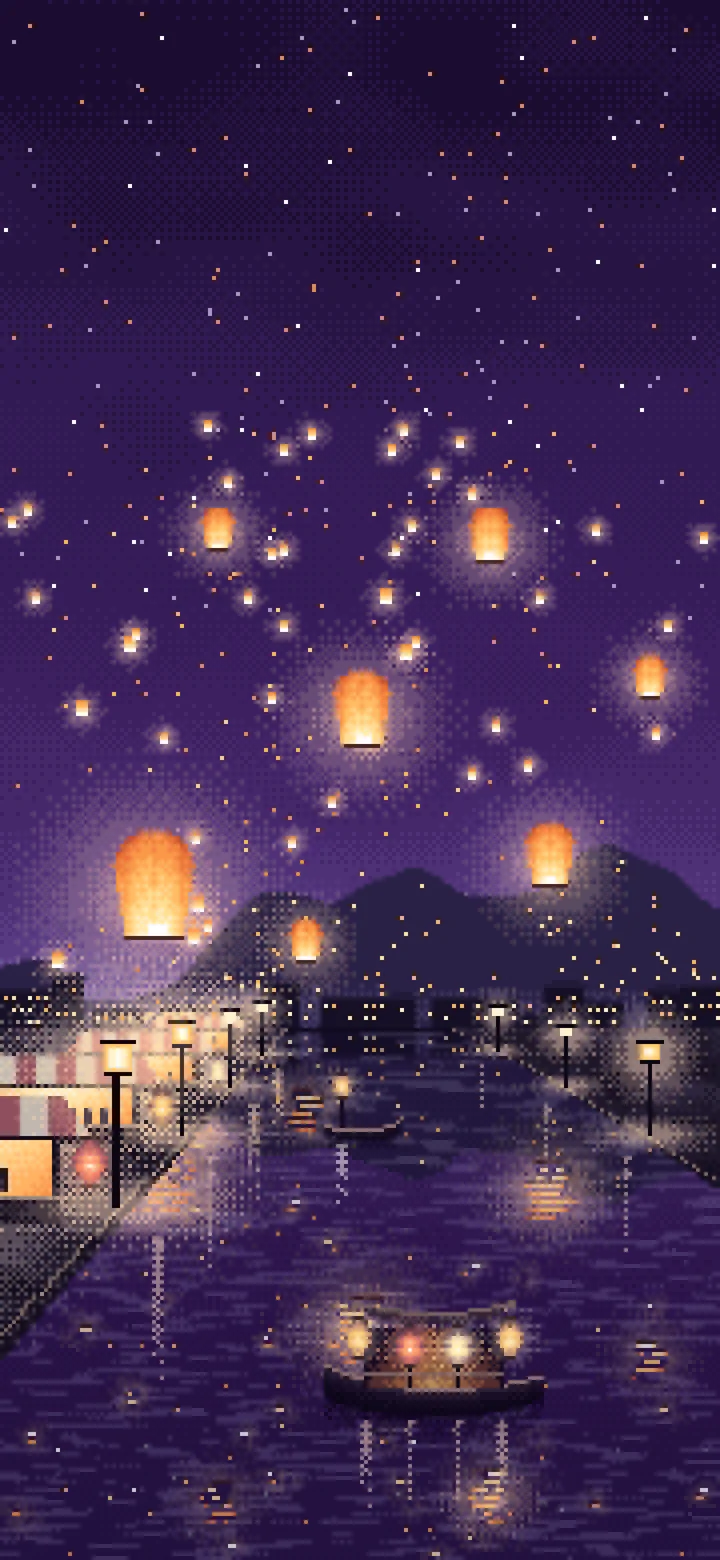 Dark Purple Pixel Art Sky Lanterns Over a River wallpaper for iPhone and Android
