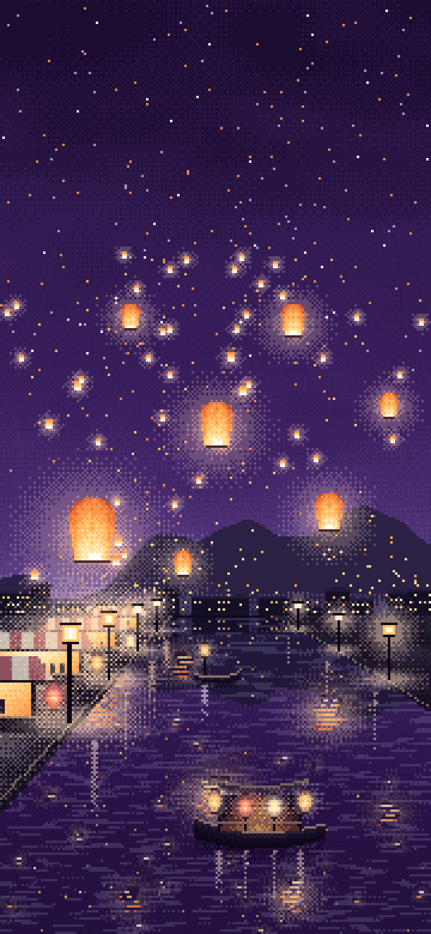 Dark Purple Pixel Art Sky Lanterns Over a River wallpaper for iPhone and Android