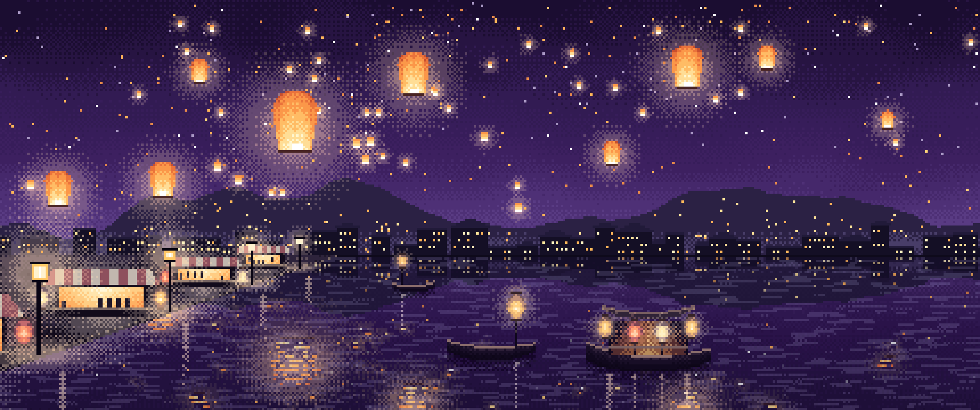 Dark Purple Pixel Art Sky Lanterns Over a River ultrawide wallpaper, 3440 × 1440