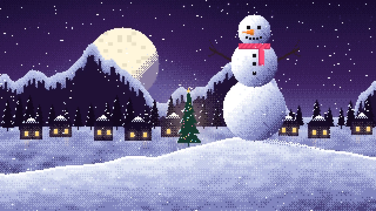 Dark Purple Pixel Art Snowman desktop wallpaper in 4K