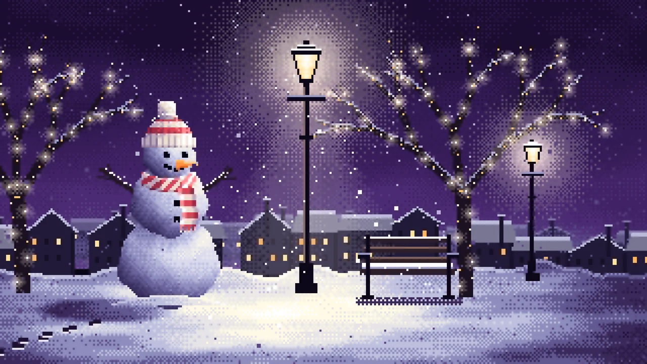 Dark Purple Pixel Art Snowman Under a Street Lamp desktop wallpaper in 4K