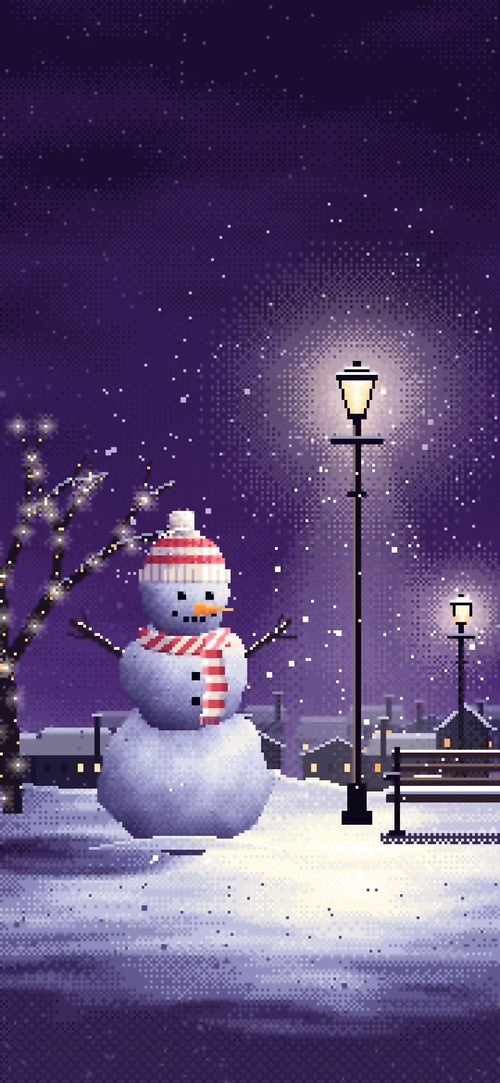 Dark Purple Pixel Art Snowman Under a Street Lamp wallpaper for iPhone and Android