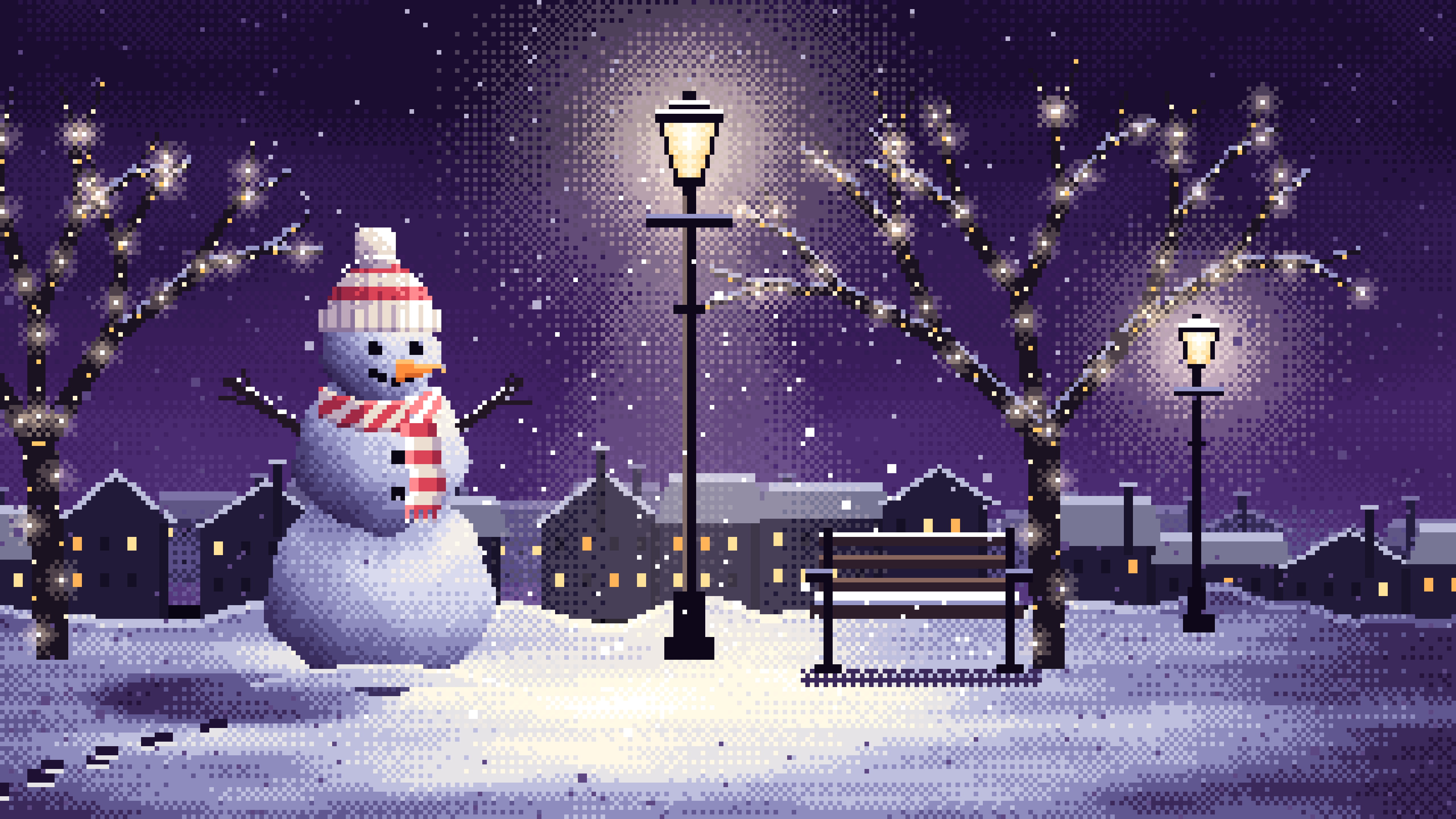 Dark Purple Pixel Art Snowman Under a Street Lamp desktop wallpaper in 4K