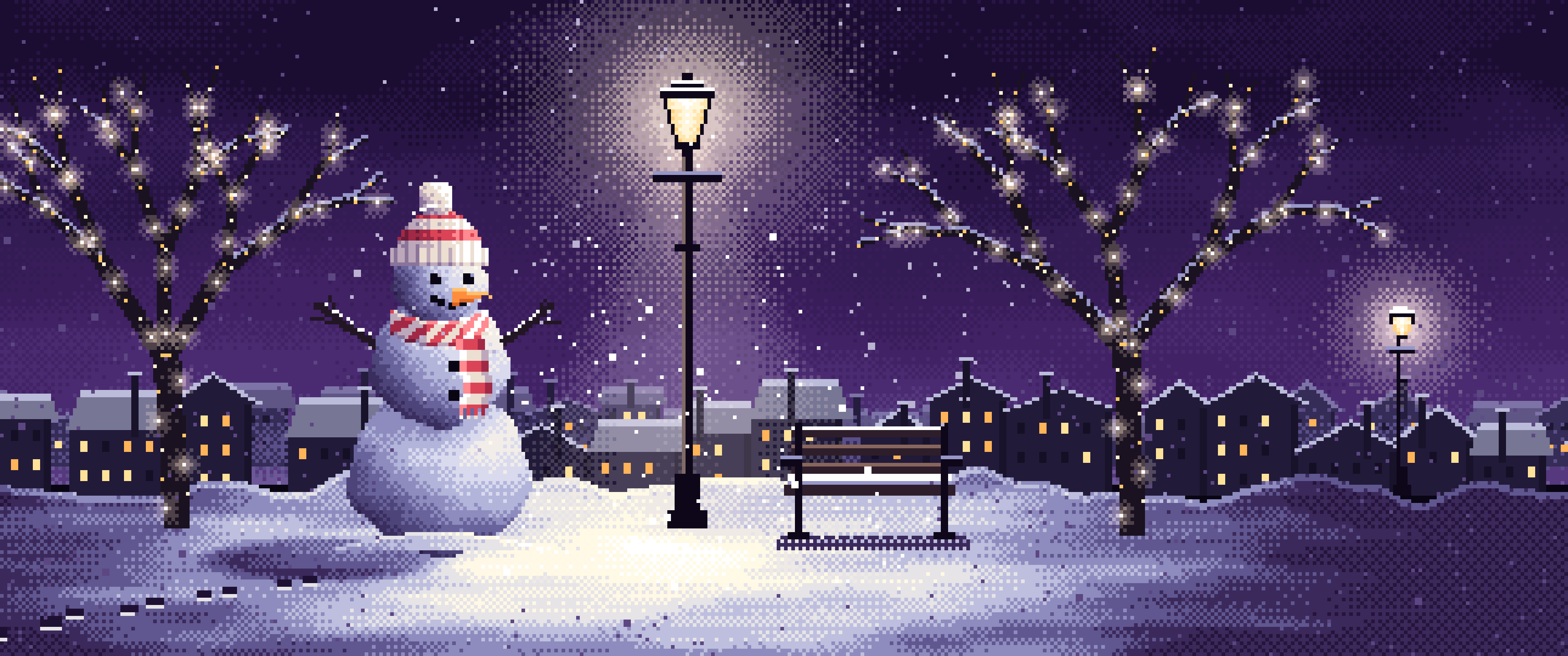 Dark Purple Pixel Art Snowman Under a Street Lamp ultrawide wallpaper, 3440 × 1440