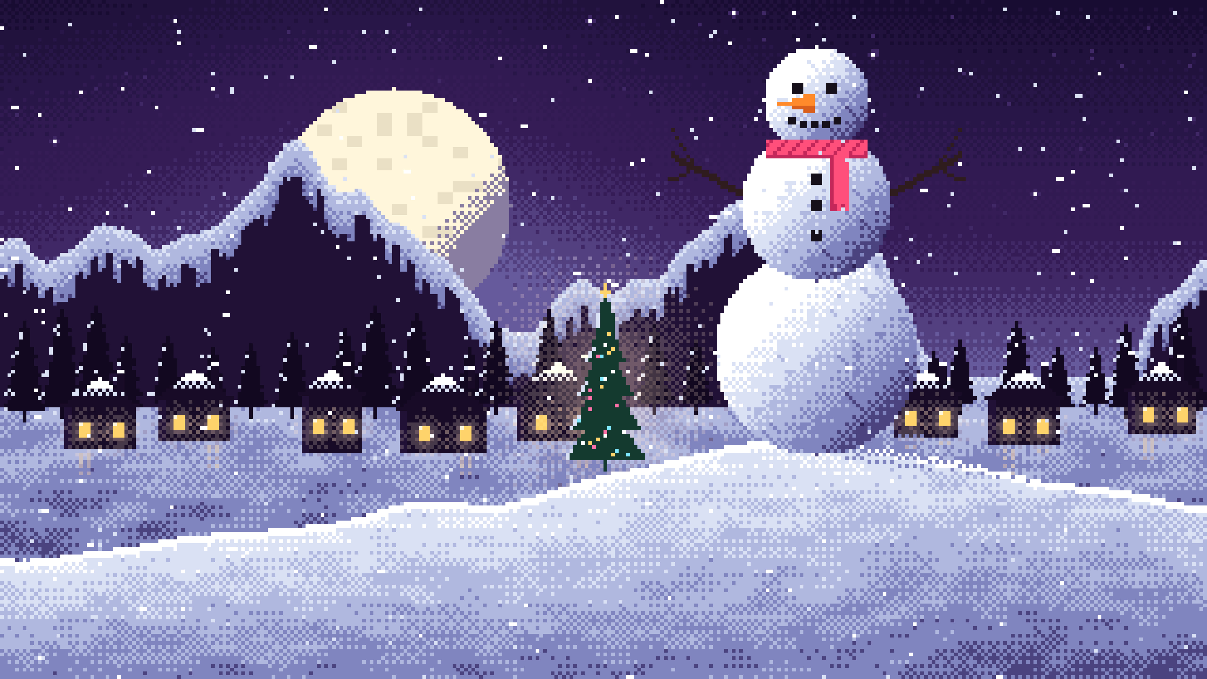 Dark Purple Pixel Art Snowman desktop wallpaper in 4K