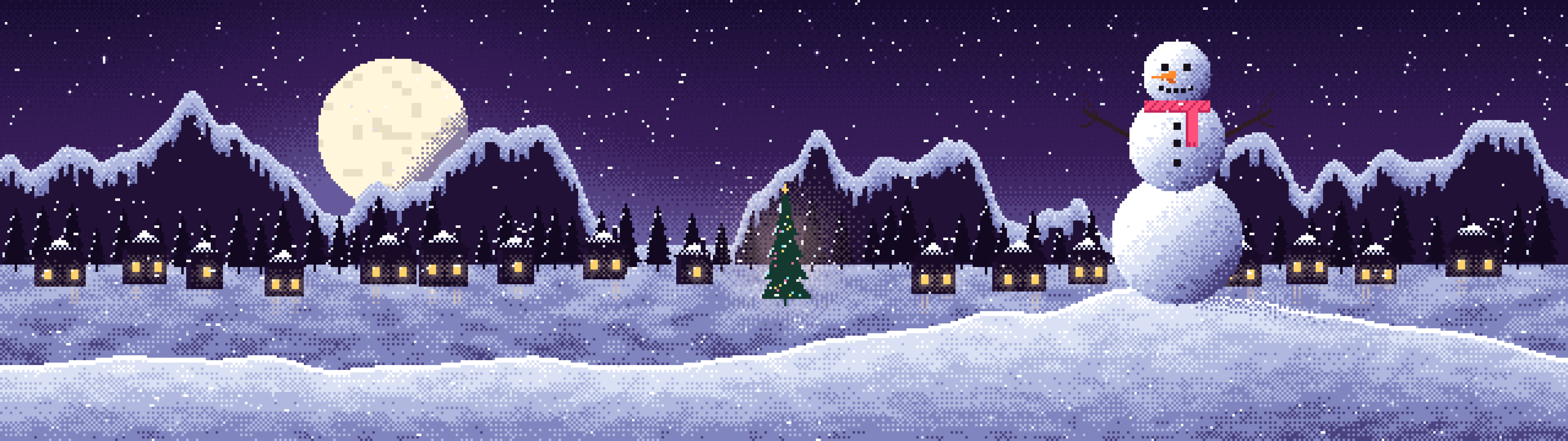 Dark Purple Pixel Art Snowman dual monitor wallpaper, 7680 × 2160
