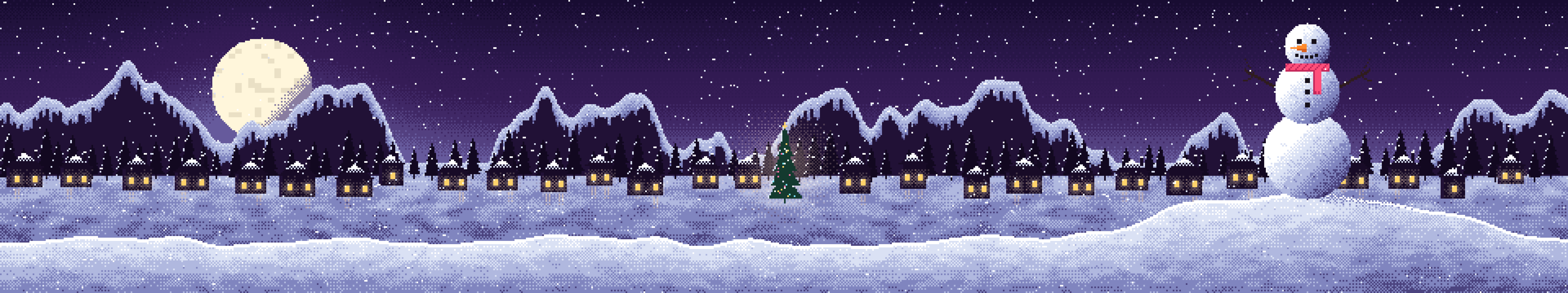 Dark Purple Pixel Art Snowman triple monitor wallpaper, 7680 × 1440