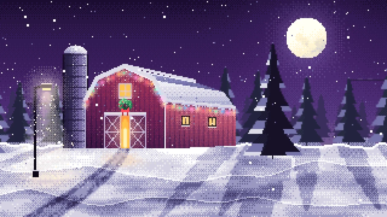 Dark Purple Pixel Art Snowy Barn with Christmas Lights desktop wallpaper in 4K