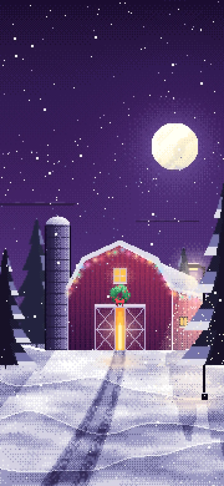 Dark Purple Pixel Art Snowy Barn with Christmas Lights wallpaper for iPhone and Android