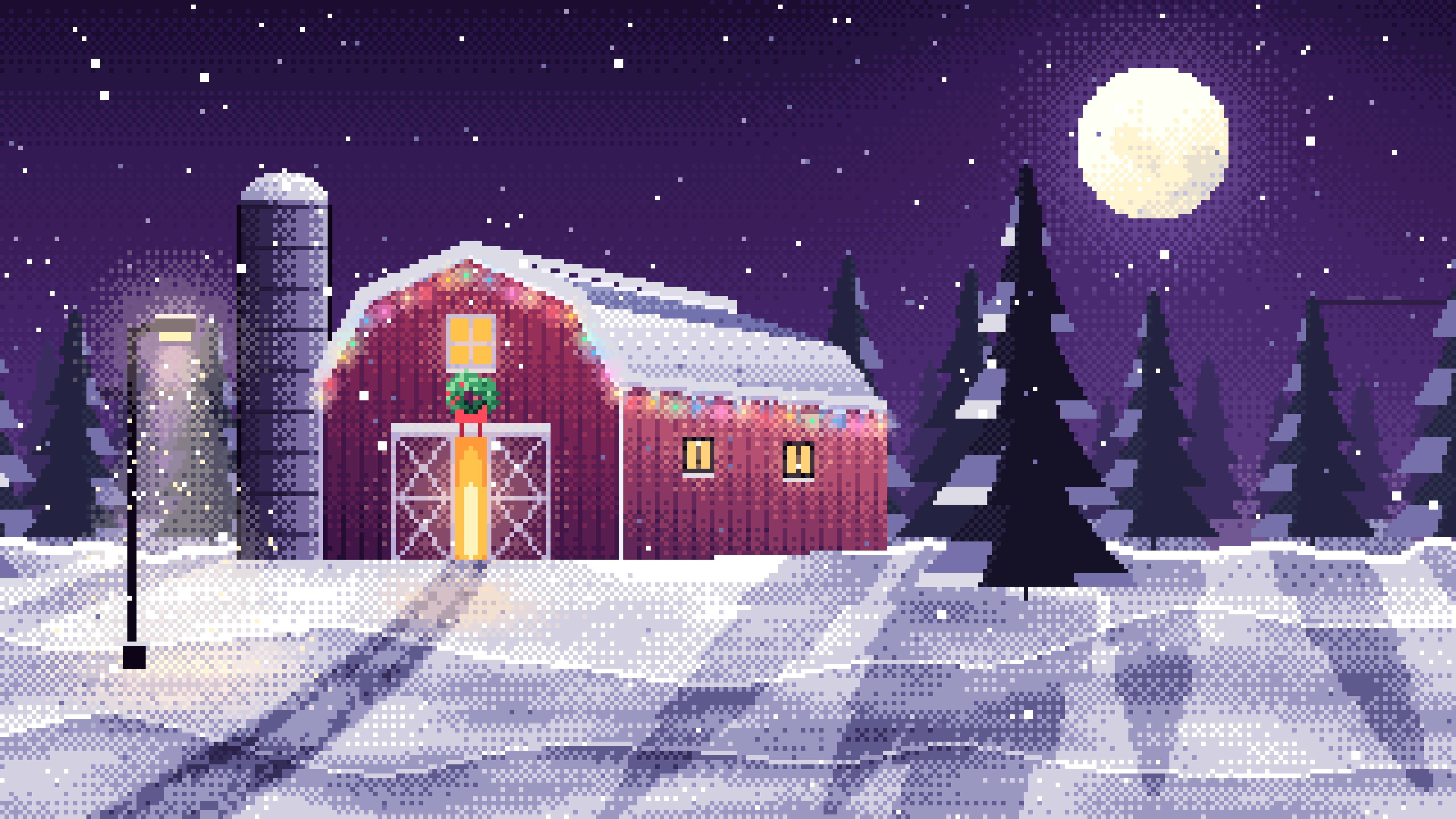 Dark Purple Pixel Art Snowy Barn with Christmas Lights desktop wallpaper in 4K