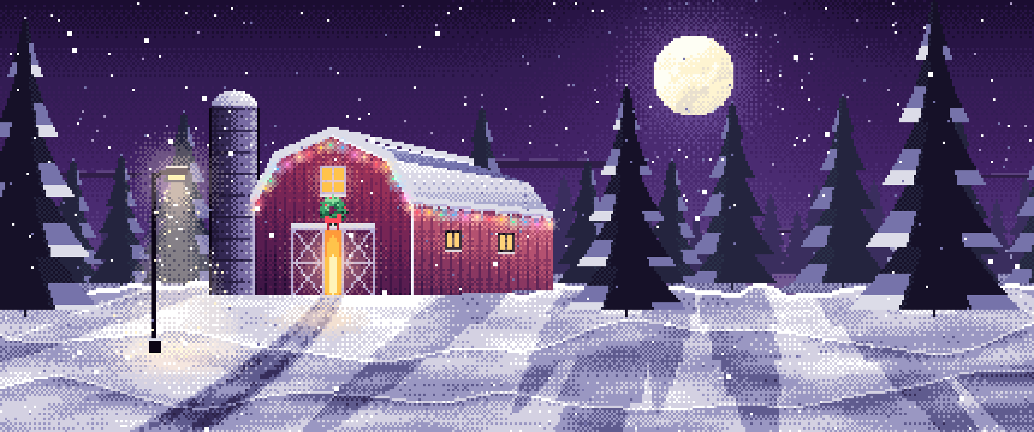 Dark Purple Pixel Art Snowy Barn with Christmas Lights ultrawide wallpaper, 3440 × 1440