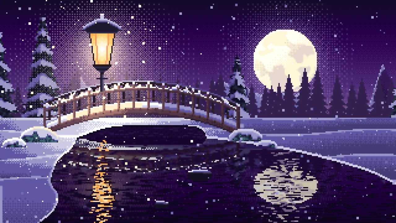 Dark Purple Pixel Art Snowy Bridge at Night desktop wallpaper in 4K