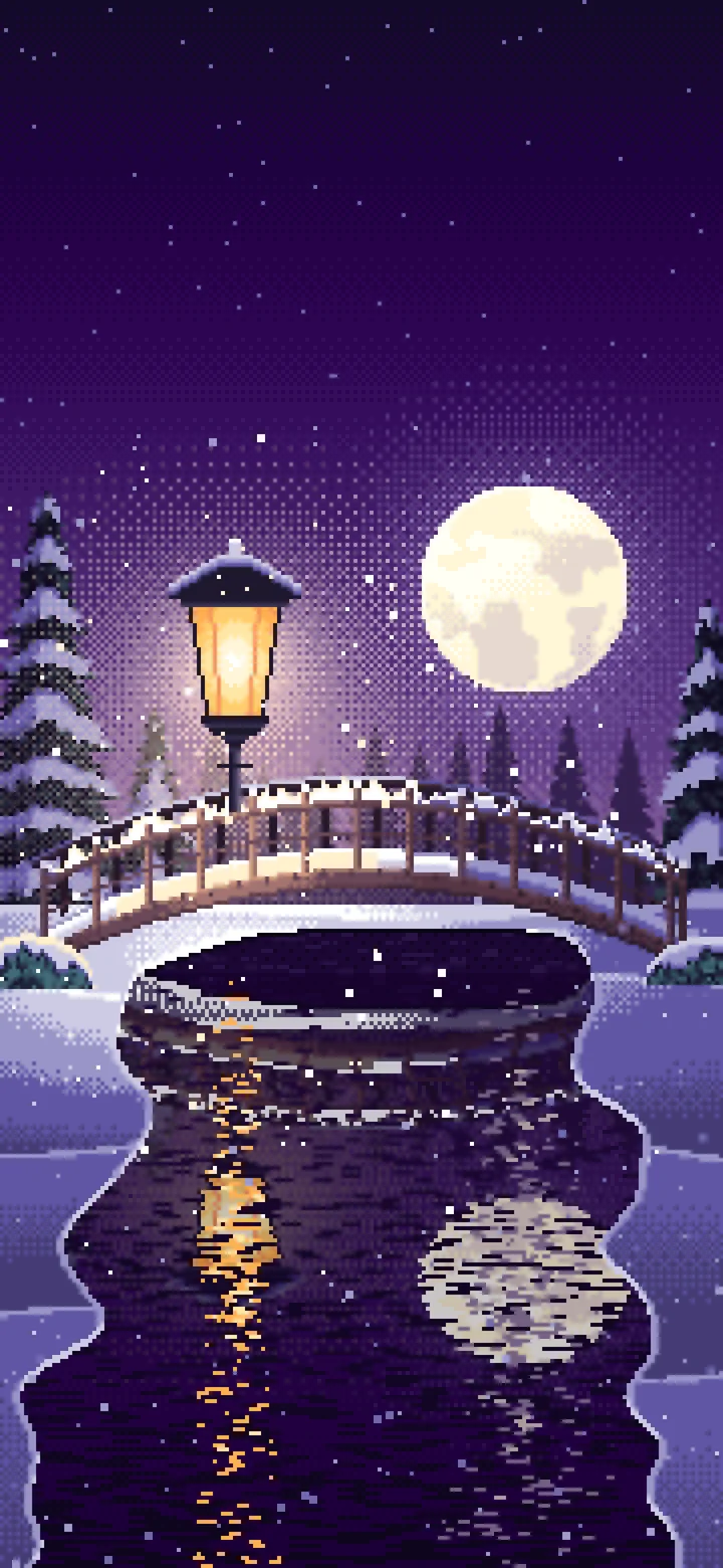 Dark Purple Pixel Art Snowy Bridge at Night wallpaper for iPhone and Android