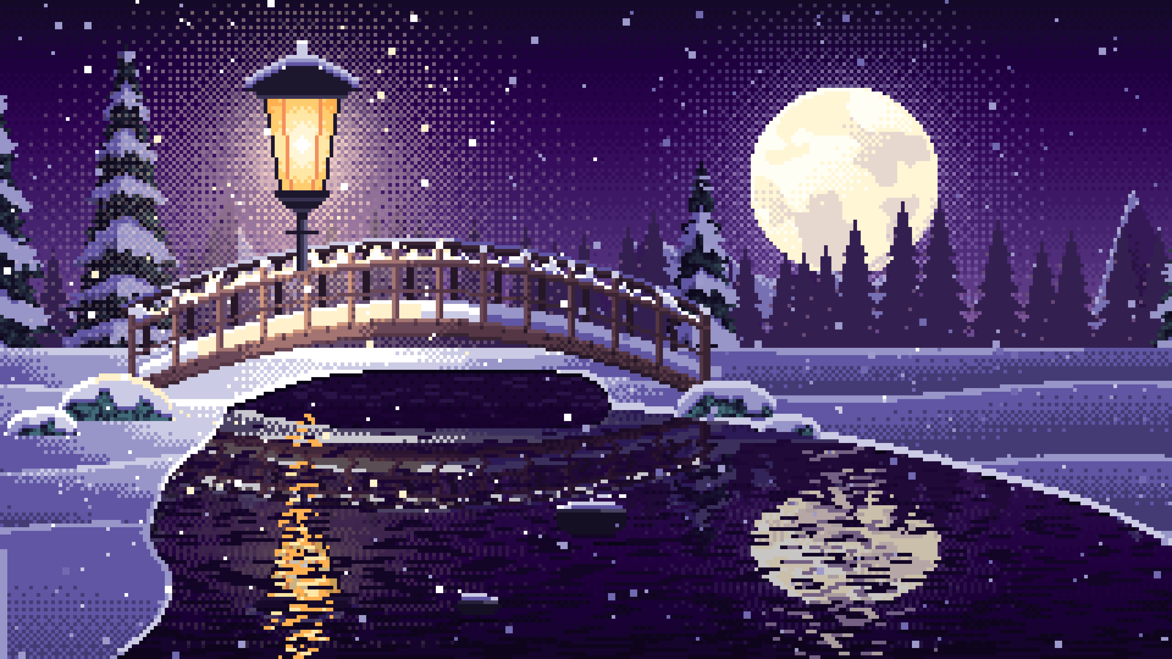 Dark Purple Pixel Art Snowy Bridge at Night desktop wallpaper in 4K