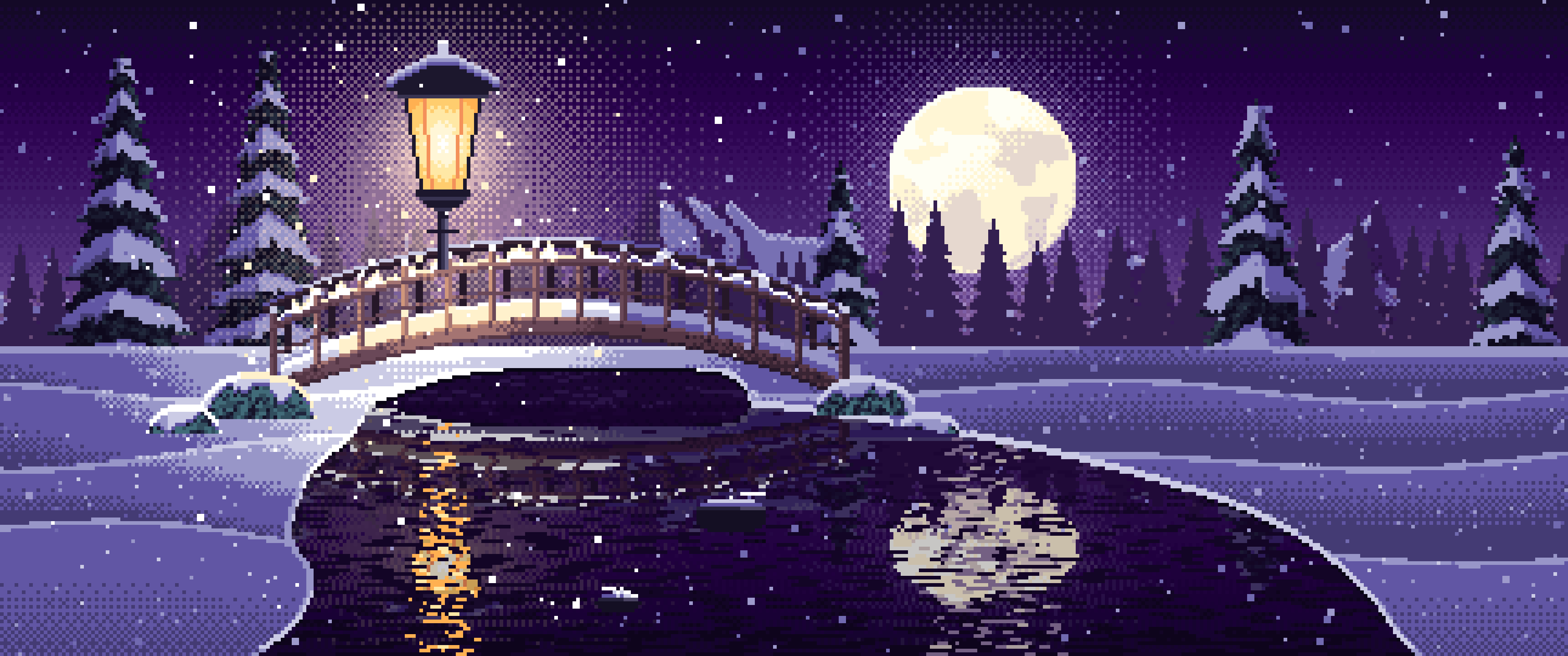 Dark Purple Pixel Art Snowy Bridge at Night ultrawide wallpaper, 3440 × 1440