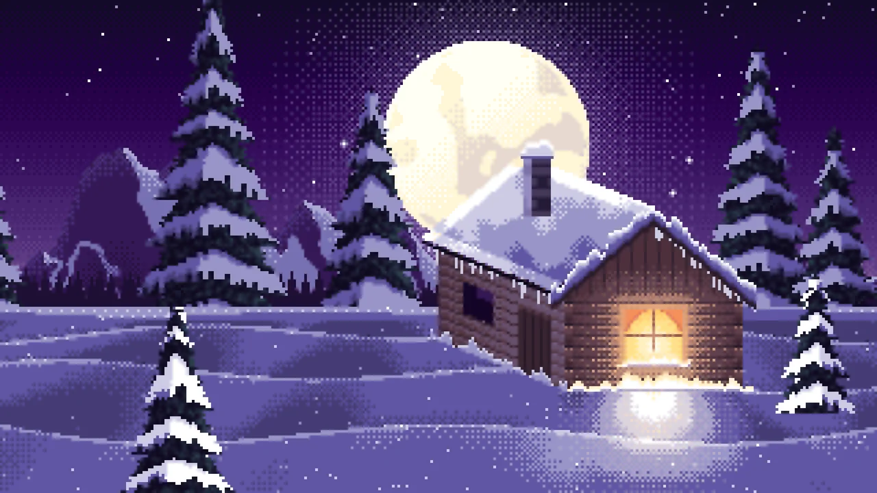 Dark Purple Pixel Art Snowy Cabin and Full Moon desktop wallpaper in 4K
