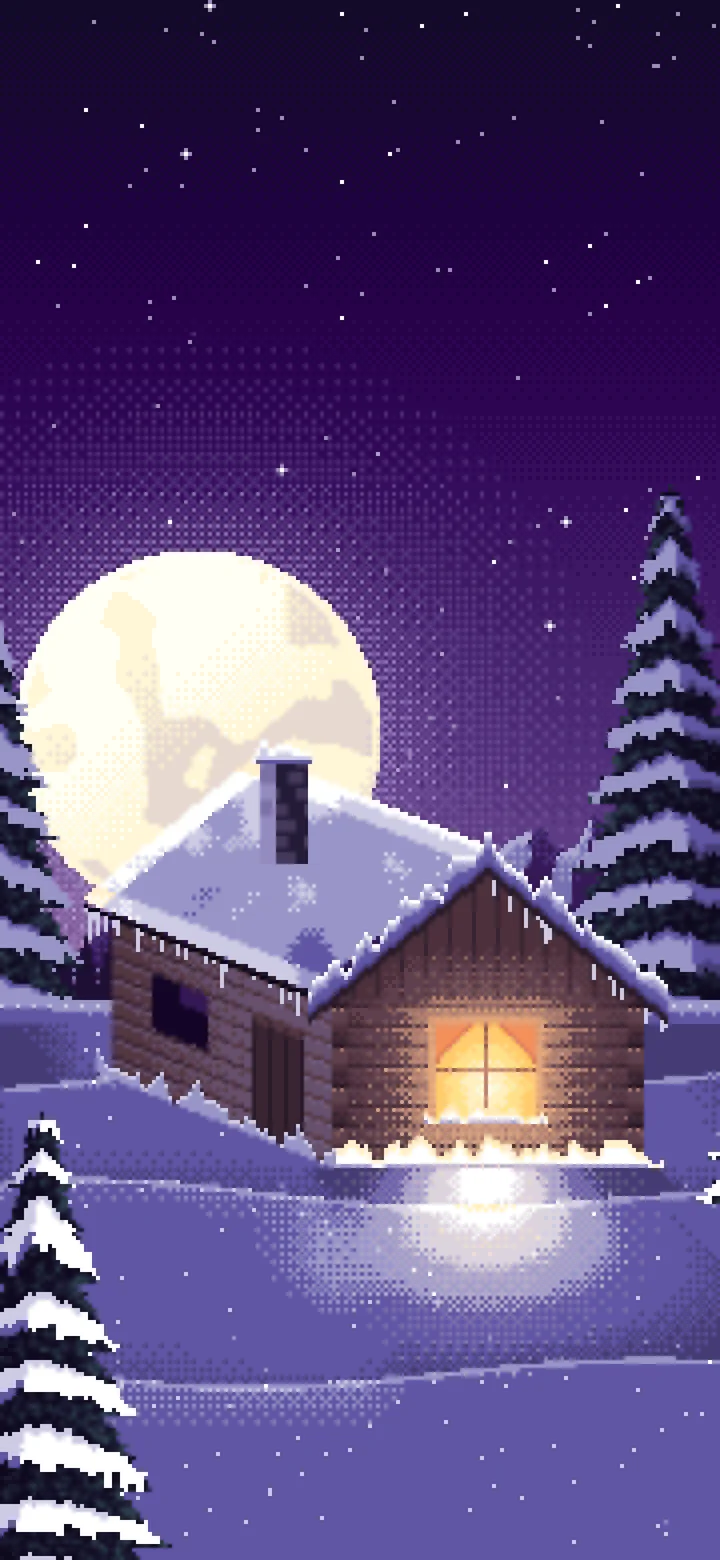 Dark Purple Pixel Art Snowy Cabin and Full Moon wallpaper for iPhone and Android