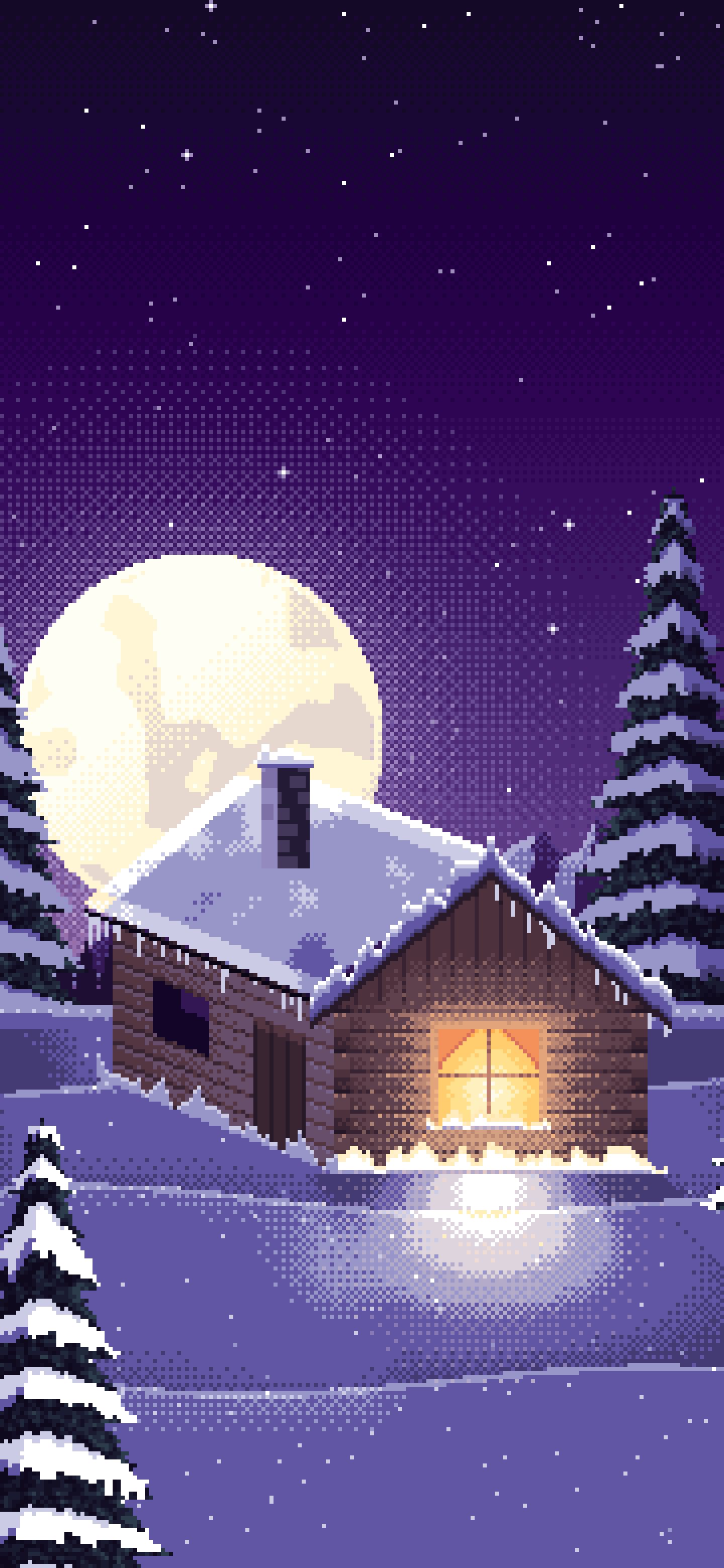 Dark Purple Pixel Art Snowy Cabin and Full Moon wallpaper for iPhone and Android