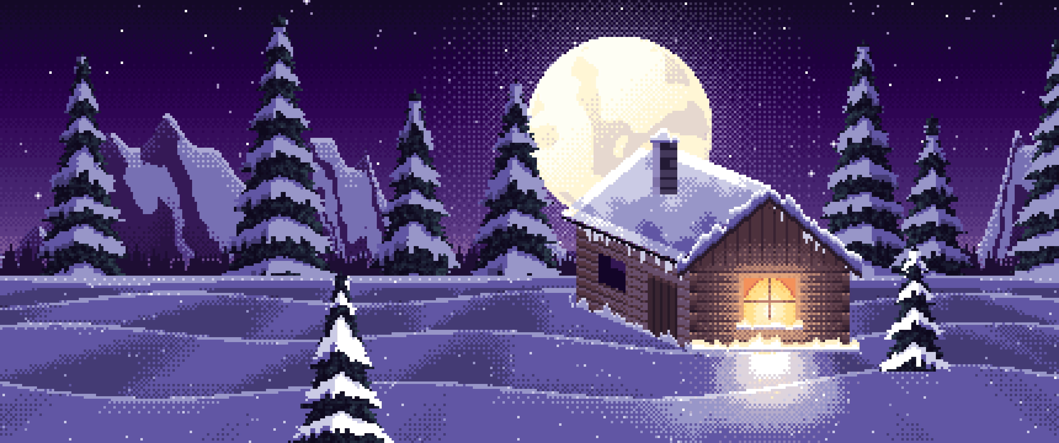 Dark Purple Pixel Art Snowy Cabin and Full Moon ultrawide wallpaper, 3440 × 1440