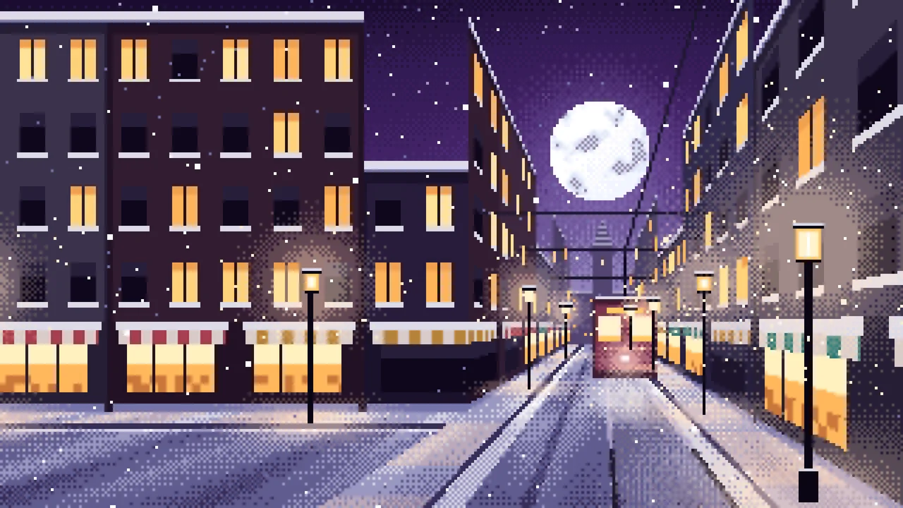 Dark Purple Pixel Art Snowy City Street desktop wallpaper in 4K