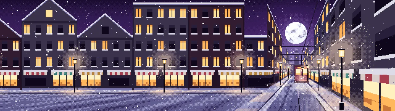Dark Purple Pixel Art Snowy City Street dual monitor wallpaper, 7680 × 2160