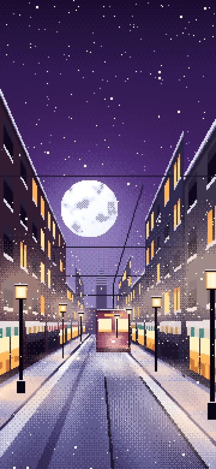 Dark Purple Pixel Art Snowy City Street wallpaper for iPhone and Android