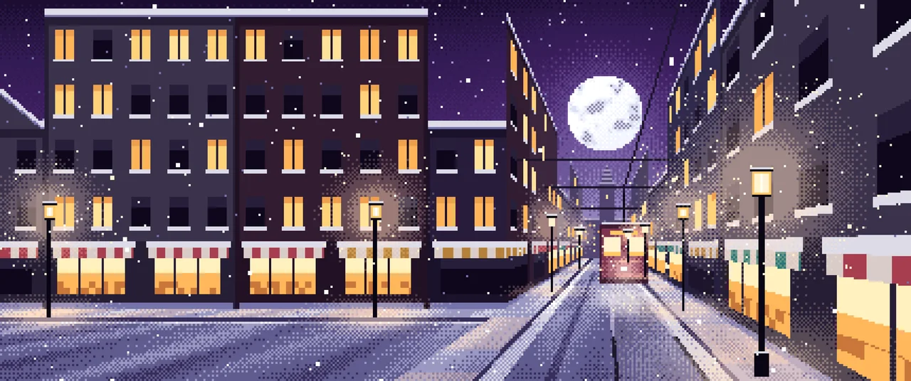Dark Purple Pixel Art Snowy City Street ultrawide wallpaper, 3440 × 1440